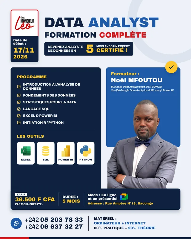 Affiche de la formation Data Analyst - formation complète - Chez Monsieur Léo, Brazzaville