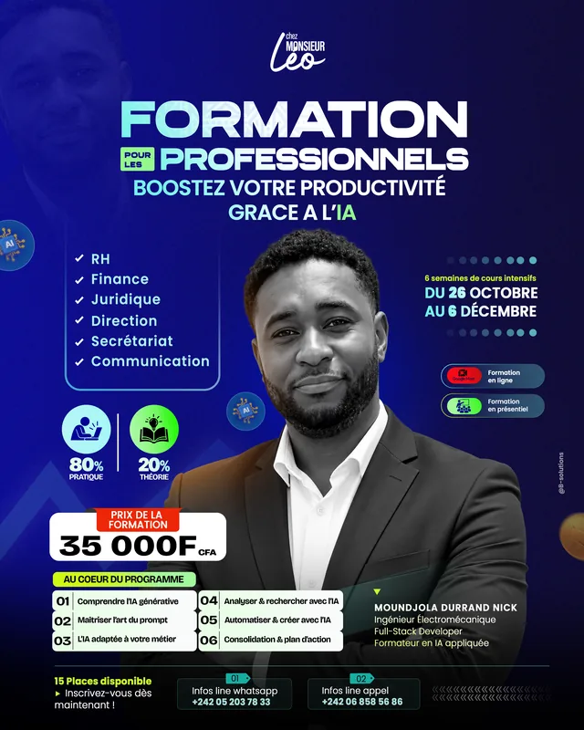 Affiche de la formation Boostez votre productivité grâce à l'IA - Chez Monsieur Léo, Brazzaville